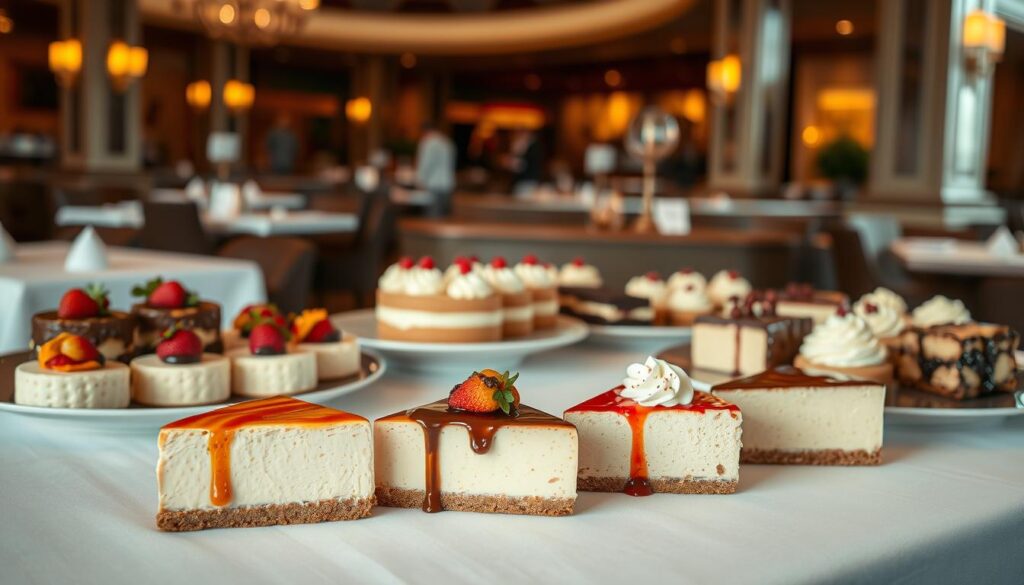 A beautifully crafted Cheesecake Factory dessert menu, presented on a crisp, white tablecloth. The foreground features an assortment of decadent cheesecakes, each slice meticulously arranged with vibrant garnishes and a drizzle of rich sauces. The middle ground showcases a variety of tempting desserts, from creamy mousse cakes to indulgent chocolate lava creations, all illuminated by soft, warm lighting. In the background, a blurred view of the Cheesecake Factory's iconic restaurant setting, with its elegant, contemporary decor providing a refined and inviting atmosphere. The overall composition conveys the luxurious and indulgent experience of the Cheesecake Factory's dessert menu. A beautifully crafted Cheesecake Factory dessert menu, presented on a crisp, white tablecloth. The foreground features an assortment of decadent cheesecakes, each slice meticulously arranged with vibrant garnishes and a drizzle of rich sauces. The middle ground showcases a variety of tempting desserts, from creamy mousse cakes to indulgent chocolate lava creations, all illuminated by soft, warm lighting. In the background, a blurred view of the Cheesecake Factory's iconic restaurant setting, with its elegant, contemporary decor providing a refined and inviting atmosphere. The overall composition conveys the luxurious and indulgent experience of the Cheesecake Factory's dessert menu.