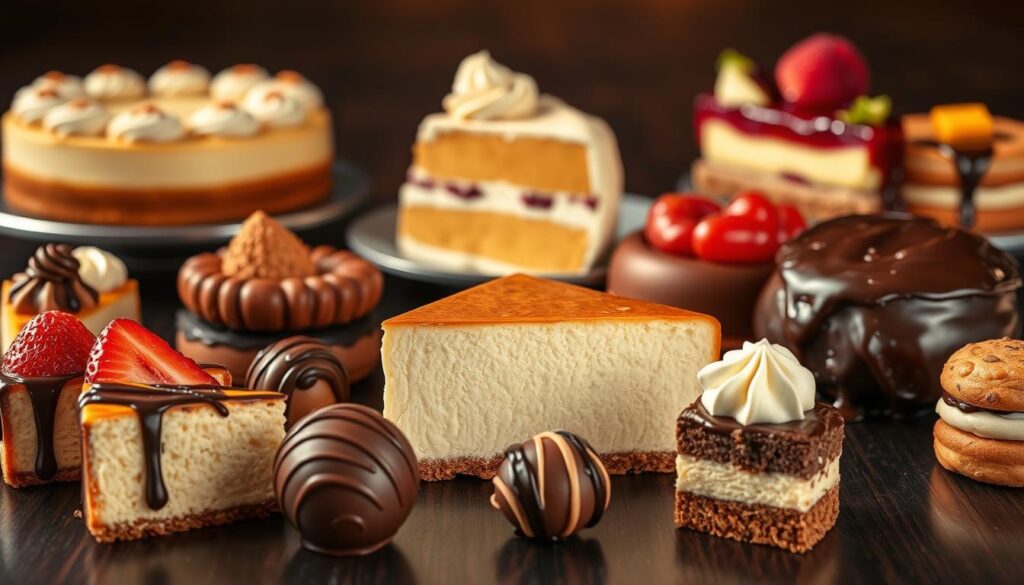 A beautifully lit close-up shot of an assortment of decadent Cheesecake Factory dessert options artfully arranged on a dark wood surface. In the foreground, slices of classic New York-style cheesecake, strawberry cheesecake, and chocolate-covered cheesecake bites. In the middle ground, a towering slice of seasonal pumpkin cheesecake and a creamy white chocolate raspberry cheesecake. In the background, a rich chocolate lava cake, a vibrant fruit tart, and a creamy custard-filled éclair. The desserts are perfectly presented, with intricate details and a mouthwatering glaze. Soft, warm lighting casts a cozy, inviting ambiance, highlighting the irresistible textures and flavors of these Cheesecake Factory specialties.