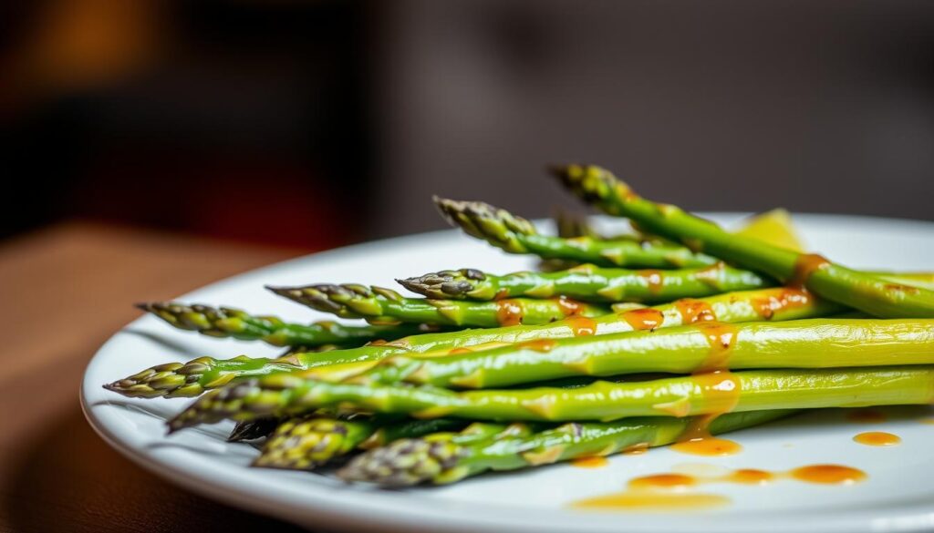 A beautifully plated arrangement of freshly grilled, vibrant green asparagus spears, their tender tips lightly charred and glistening with a delicate, glossy vegan sauce. The asparagus is arranged artfully on a white ceramic plate, with the focus on the succulent, tender texture and the rich, savory flavors. Soft, even lighting from above creates a warm, inviting atmosphere, highlighting the natural colors and showcasing the dish's simplicity and elegance. The overall composition emphasizes the dish's plant-based, healthy qualities, making it an appealing and appetizing side or vegetable plate option.