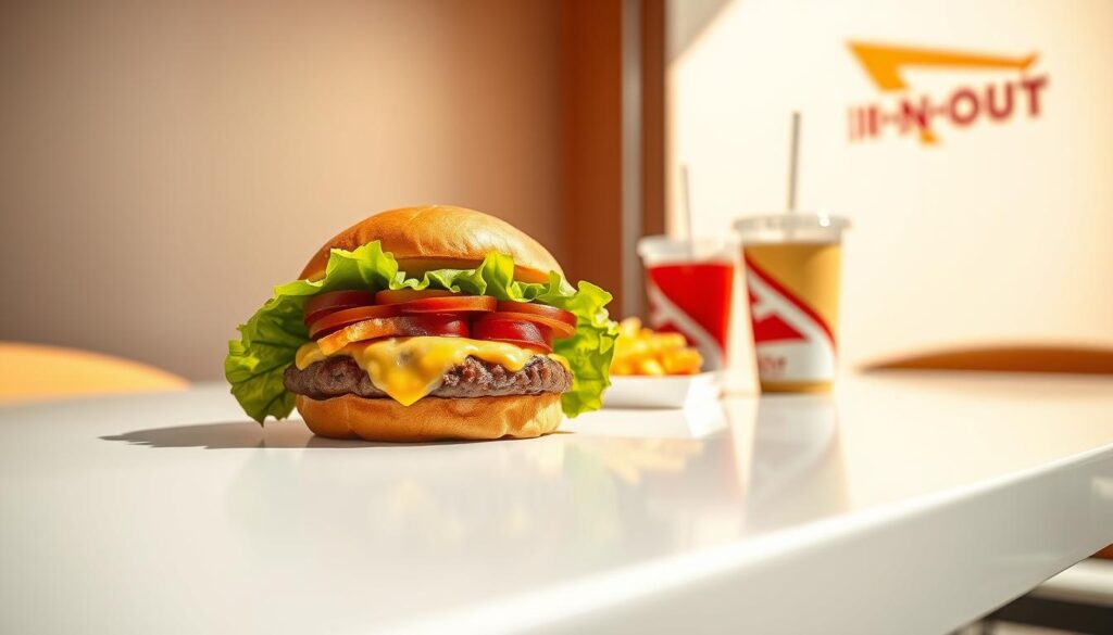 A brightly lit, high-resolution image of an In-N-Out Burger "Protein Style" menu item displayed on a sleek, minimalist table. The foreground features the burger with a crisp, fresh lettuce wrap instead of a bun, showcasing the thick beef patty, melted cheese, and fresh toppings. The middle ground includes a small stack of fries and a drink, all arranged in an aesthetically pleasing, low-carb configuration. The background has a clean, white backdrop, highlighting the natural, high-quality ingredients. The lighting is warm and natural, casting soft shadows and emphasizing the textures and colors of the dish. The overall mood is modern, appetizing, and focused on the protein-forward, low-carb aspects of the special menu item. A brightly lit, high-resolution image of an In-N-Out Burger "Protein Style" menu item displayed on a sleek, minimalist table. The foreground features the burger with a crisp, fresh lettuce wrap instead of a bun, showcasing the thick beef patty, melted cheese, and fresh toppings. The middle ground includes a small stack of fries and a drink, all arranged in an aesthetically pleasing, low-carb configuration. The background has a clean, white backdrop, highlighting the natural, high-quality ingredients. The lighting is warm and natural, casting soft shadows and emphasizing the textures and colors of the dish. The overall mood is modern, appetizing, and focused on the protein-forward, low-carb aspects of the special menu item.