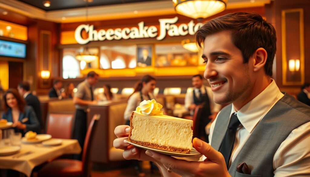 A bustling Cheesecake Factory restaurant, bathed in warm, inviting lighting. In the foreground, a well-dressed customer savors a generous slice of decadent cheesecake, the creamy texture and artful presentation evident. The middle ground showcases attentive servers, offering impeccable service with welcoming smiles. In the background, an elegantly appointed dining room sets the stage, with plush booths, polished wood accents, and a vibrant atmosphere that whisks diners away to a delightful culinary experience. The scene conveys a sense of indulgence, satisfaction, and the exceptional standards that define the Cheesecake Factory brand. A bustling Cheesecake Factory restaurant, bathed in warm, inviting lighting. In the foreground, a well-dressed customer savors a generous slice of decadent cheesecake, the creamy texture and artful presentation evident. The middle ground showcases attentive servers, offering impeccable service with welcoming smiles. In the background, an elegantly appointed dining room sets the stage, with plush booths, polished wood accents, and a vibrant atmosphere that whisks diners away to a delightful culinary experience. The scene conveys a sense of indulgence, satisfaction, and the exceptional standards that define the Cheesecake Factory brand.