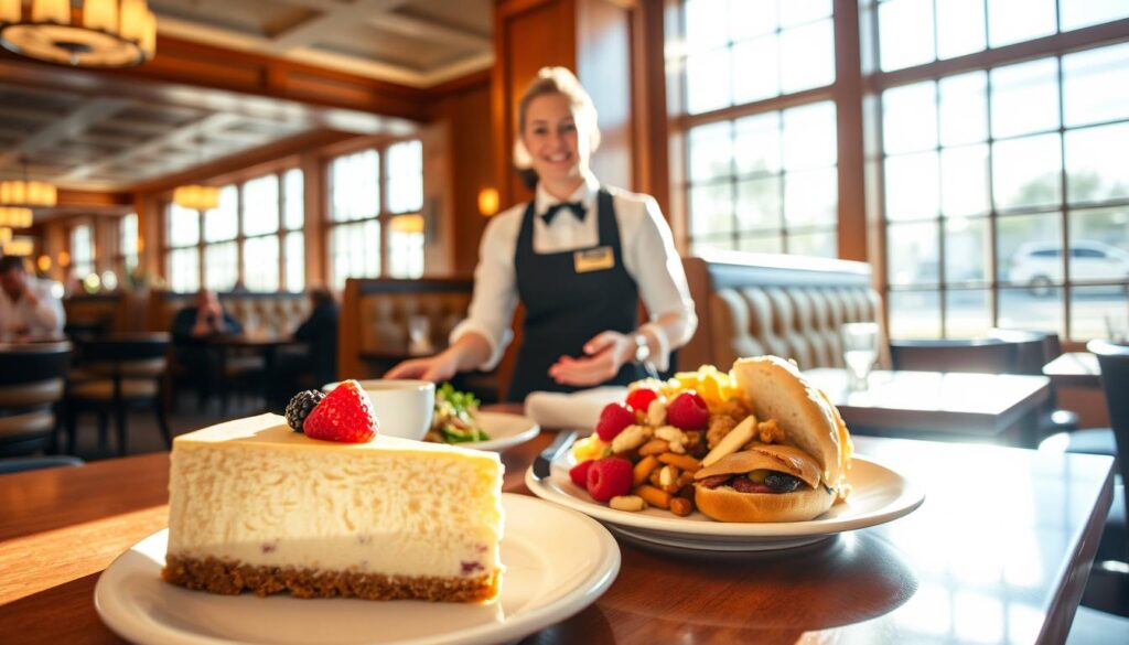 A bustling Cheesecake Factory restaurant, sunlight streaming through large windows, illuminating a table set with delectable lunch items. In the foreground, a sumptuous slice of creamy cheesecake garnished with fresh berries, alongside a sandwich overflowing with savory fillings. In the middle ground, a server in a crisp uniform presents the meal, their smile conveying exceptional service. The background features the restaurant's signature decor of warm wood tones and plush booths, creating an inviting atmosphere for an indulgent midday respite. The scene evokes a sense of luxurious satisfaction, inspiring viewers to savor the Cheesecake Factory's lunch offerings with insider tips for a truly memorable dining experience. A bustling Cheesecake Factory restaurant, sunlight streaming through large windows, illuminating a table set with delectable lunch items. In the foreground, a sumptuous slice of creamy cheesecake garnished with fresh berries, alongside a sandwich overflowing with savory fillings. In the middle ground, a server in a crisp uniform presents the meal, their smile conveying exceptional service. The background features the restaurant's signature decor of warm wood tones and plush booths, creating an inviting atmosphere for an indulgent midday respite. The scene evokes a sense of luxurious satisfaction, inspiring viewers to savor the Cheesecake Factory's lunch offerings with insider tips for a truly memorable dining experience.