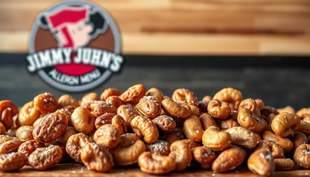 A close-up image of a variety of roasted, salted nuts on a wooden table, with a Jimmy John's logo prominently displayed in the background. The nuts should be arranged in a visually appealing manner, highlighting their diverse shapes, textures, and colors. The lighting should be soft and natural, creating a warm, inviting atmosphere. The focus should be on the nuts, but the Jimmy John's logo should be clearly visible, indicating the connection to the restaurant's allergen menu. The image should convey a sense of quality, safety, and attention to detail, reflecting the theme of the article section. A close-up image of a variety of roasted, salted nuts on a wooden table, with a Jimmy John's logo prominently displayed in the background. The nuts should be arranged in a visually appealing manner, highlighting their diverse shapes, textures, and colors. The lighting should be soft and natural, creating a warm, inviting atmosphere. The focus should be on the nuts, but the Jimmy John's logo should be clearly visible, indicating the connection to the restaurant's allergen menu. The image should convey a sense of quality, safety, and attention to detail, reflecting the theme of the article section.