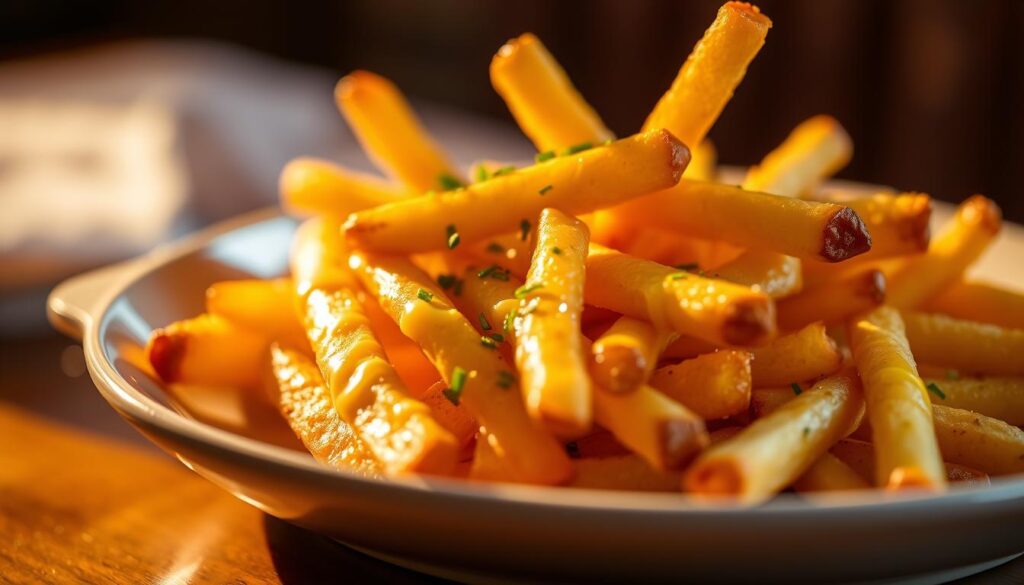 A close-up shot of a plate of golden, crispy French fries with a glistening layer of melted cheese and sprinkling of chopped chives, bathed in warm, inviting lighting that casts a soft, cozy atmosphere. The fries are arranged in an artful, almost sculptural manner, hinting at the hidden secrets and unexpected delights that lie within this unassuming yet indulgent dish. The image captures the tantalizing textures and flavors, beckoning the viewer to discover the true depth and complexity of this "secret" menu item. A close-up shot of a plate of golden, crispy French fries with a glistening layer of melted cheese and sprinkling of chopped chives, bathed in warm, inviting lighting that casts a soft, cozy atmosphere. The fries are arranged in an artful, almost sculptural manner, hinting at the hidden secrets and unexpected delights that lie within this unassuming yet indulgent dish. The image captures the tantalizing textures and flavors, beckoning the viewer to discover the true depth and complexity of this "secret" menu item.