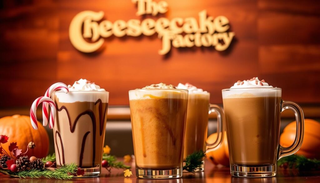 A cozy, inviting scene of the Cheesecake Factory's seasonal drink offerings. In the foreground, an array of festively decorated glasses filled with vibrant, creamy beverages - a peppermint mocha latte, a spiced apple cider, and a pumpkin spice latte. Soft, diffused lighting casts a warm, autumnal glow, while in the background, the Cheesecake Factory's iconic logo and signage are subtly visible, framed by a backdrop of rich, textured wood paneling. The overall atmosphere evokes a sense of comfort, indulgence, and the anticipation of seasonal flavors.