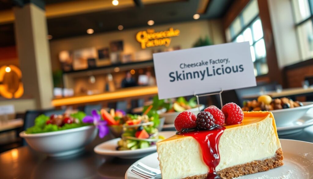 A cozy, well-lit interior of a Cheesecake Factory restaurant, with a focus on the "SkinnyLicious" menu section. In the foreground, a beautifully presented slice of decadent cheesecake, adorned with fresh berries and a light dusting of powdered sugar. The middle ground showcases a variety of healthier, plant-based dishes, including a vibrant salad, a hearty grain bowl, and a colorful veggie-packed entree. The background features the restaurant's signature warm, inviting ambiance, with subtle lighting and a clean, modern aesthetic. The overall mood is one of balance, where indulgence and nourishment coexist harmoniously. A cozy, well-lit interior of a Cheesecake Factory restaurant, with a focus on the "SkinnyLicious" menu section. In the foreground, a beautifully presented slice of decadent cheesecake, adorned with fresh berries and a light dusting of powdered sugar. The middle ground showcases a variety of healthier, plant-based dishes, including a vibrant salad, a hearty grain bowl, and a colorful veggie-packed entree. The background features the restaurant's signature warm, inviting ambiance, with subtle lighting and a clean, modern aesthetic. The overall mood is one of balance, where indulgence and nourishment coexist harmoniously.