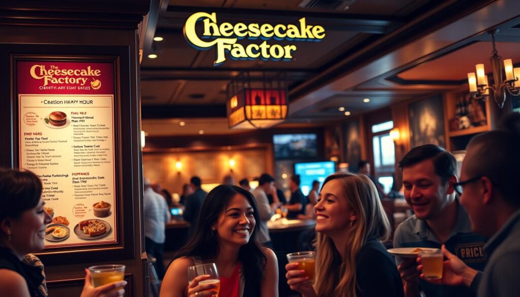 A cozy, well-lit interior of the Cheesecake Factory restaurant, featuring a prominently displayed happy hour menu board showcasing various food and drink specials. In the foreground, a group of friends enjoying cocktails and appetizers, their faces lit with genuine delight. The middle ground captures the vibrant atmosphere, with servers bustling about and the signature Cheesecake Factory décor visible in the background. Warm, inviting lighting casts a soft glow over the scene, creating a welcoming and convivial ambiance that captures the essence of the Cheesecake Factory happy hour experience. A cozy, well-lit interior of the Cheesecake Factory restaurant, featuring a prominently displayed happy hour menu board showcasing various food and drink specials. In the foreground, a group of friends enjoying cocktails and appetizers, their faces lit with genuine delight. The middle ground captures the vibrant atmosphere, with servers bustling about and the signature Cheesecake Factory décor visible in the background. Warm, inviting lighting casts a soft glow over the scene, creating a welcoming and convivial ambiance that captures the essence of the Cheesecake Factory happy hour experience.