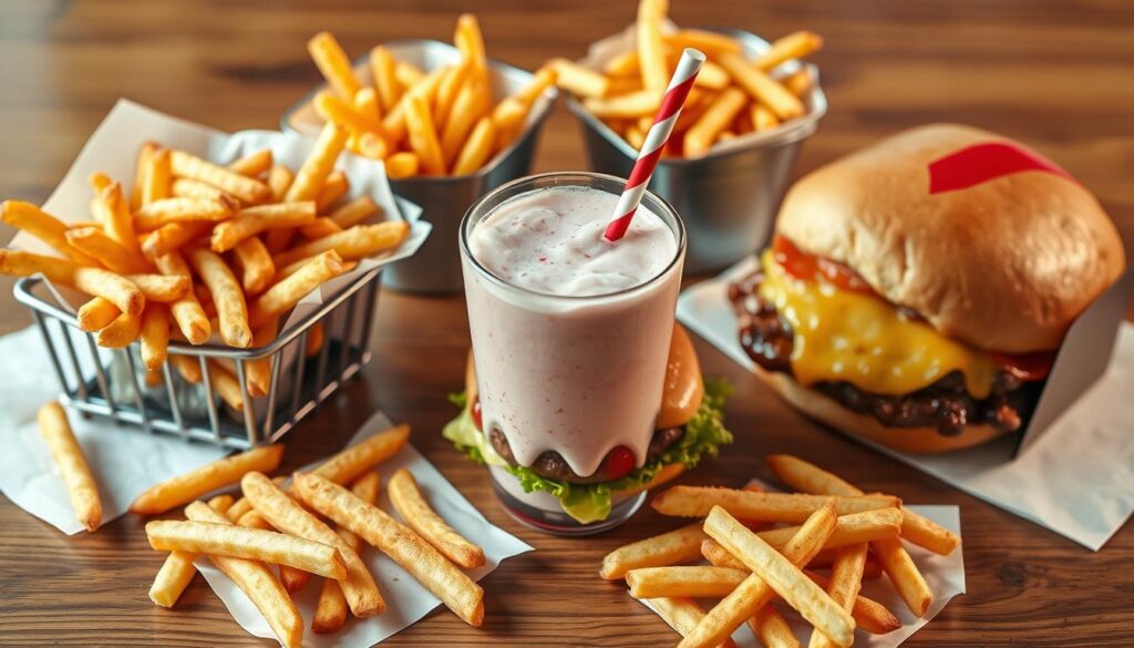 A delectable spread of In-N-Out secret menu items arranged artfully on a wooden tabletop. Crisp, golden-brown animal-style fries, a mouthwatering double-double burger with perfectly melted cheese, and a refreshing strawberry shake taking center stage. The lighting is soft and natural, highlighting the vibrant colors and textures of the dishes. The composition is balanced, drawing the viewer's eye to the key elements. The overall mood is one of inviting indulgence, capturing the essence of customizing your In-N-Out experience to the fullest. A delectable spread of In-N-Out secret menu items arranged artfully on a wooden tabletop. Crisp, golden-brown animal-style fries, a mouthwatering double-double burger with perfectly melted cheese, and a refreshing strawberry shake taking center stage. The lighting is soft and natural, highlighting the vibrant colors and textures of the dishes. The composition is balanced, drawing the viewer's eye to the key elements. The overall mood is one of inviting indulgence, capturing the essence of customizing your In-N-Out experience to the fullest.