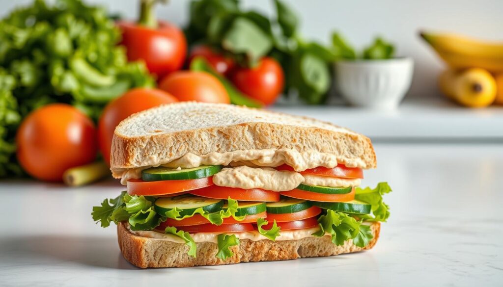 A freshly prepared vegan sandwich from Jimmy John's, showcased against a backdrop of fresh vegetables and a minimalist, bright white counter. The sandwich features lightly toasted whole-grain bread, layered with crisp lettuce, juicy tomatoes, crunchy cucumber slices, and a generous spread of savory hummus. The composition is illuminated by soft, natural lighting, capturing the appetizing texture and vibrant colors of the ingredients. The overall scene conveys a sense of health, simplicity, and plant-based culinary delight, perfectly aligned with the "vegan" section of the Jimmy John's allergen menu. A freshly prepared vegan sandwich from Jimmy John's, showcased against a backdrop of fresh vegetables and a minimalist, bright white counter. The sandwich features lightly toasted whole-grain bread, layered with crisp lettuce, juicy tomatoes, crunchy cucumber slices, and a generous spread of savory hummus. The composition is illuminated by soft, natural lighting, capturing the appetizing texture and vibrant colors of the ingredients. The overall scene conveys a sense of health, simplicity, and plant-based culinary delight, perfectly aligned with the "vegan" section of the Jimmy John's allergen menu.