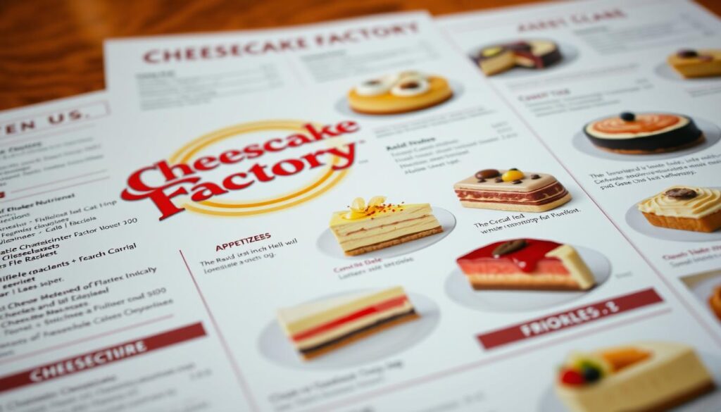 A high-resolution, detailed close-up view of a Cheesecake Factory menu, with crisp, vibrant colors and sharp focus. The menu pages are elegantly arranged, showcasing various entrees, appetizers, and of course, an array of decadent cheesecakes. The lighting is soft and natural, highlighting the menu's inviting presentation. The perspective is slightly angled, creating a sense of depth and drawing the viewer's attention to the specific dishes and their nutritional information. The overall mood is one of thoughtful analysis, inviting the viewer to closely examine the menu's offerings.
