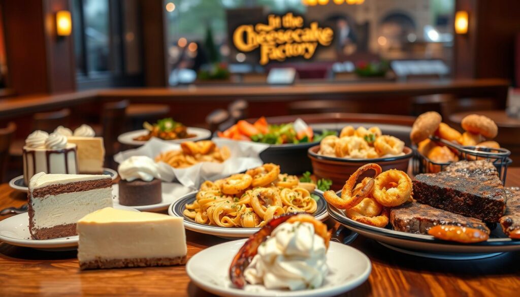A high-resolution image depicting an assortment of Cheesecake Factory menu items arranged neatly on a wooden table. In the foreground, various desserts and appetizers are displayed, including a slice of classic cheesecake, a slice of chocolate cake, and a plate of fried calamari. In the middle ground, a selection of main dishes is showcased, such as a pasta dish, a steak entree, and a salad. The background features a blurred view of the Cheesecake Factory's signature decor, with warm lighting and a cozy atmosphere. The image conveys a sense of culinary inspiration, inviting the viewer to recreate these beloved dishes at home.