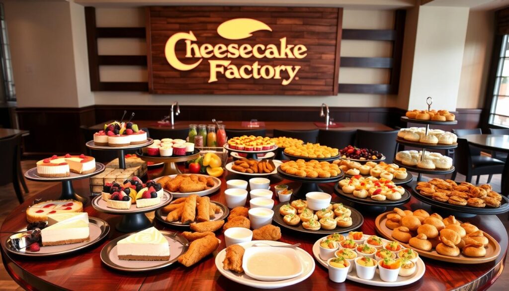 A large wooden table covered in an assortment of Cheesecake Factory party platters. The foreground features an elegantly arranged display of delectable cheesecake slices, mini desserts, and fresh fruit. In the middle ground, various savory hors d'oeuvres such as crispy chicken tenders, bite-sized sandwiches, and creamy dips are presented. The background showcases the iconic Cheesecake Factory restaurant branding, with a warm, inviting ambiance created by soft lighting and a clean, modern setting. The overall scene conveys a sense of indulgence, hospitality, and the high-quality catering offerings of the renowned Cheesecake Factory.