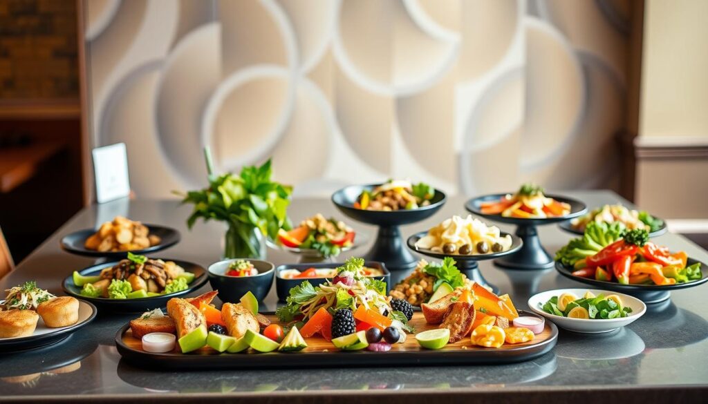 A lush, inviting display of allergy-friendly menu items from Cheesecake Factory. In the foreground, an array of delectable appetizers, salads, and small plates, artfully arranged on a sleek, modern table setting. The middle ground showcases a diverse selection of colorful, fresh ingredients, highlighting the restaurant's commitment to accommodating various dietary needs. The background features a softly blurred, airy backdrop, conveying a sense of calm and comfort. Warm, natural lighting casts a cozy glow, enhancing the appetizing appeal of the dishes. The overall scene exudes an atmosphere of culinary inclusivity and hospitality, inviting the viewer to explore the allergy-friendly offerings at Cheesecake Factory. A lush, inviting display of allergy-friendly menu items from Cheesecake Factory. In the foreground, an array of delectable appetizers, salads, and small plates, artfully arranged on a sleek, modern table setting. The middle ground showcases a diverse selection of colorful, fresh ingredients, highlighting the restaurant's commitment to accommodating various dietary needs. The background features a softly blurred, airy backdrop, conveying a sense of calm and comfort. Warm, natural lighting casts a cozy glow, enhancing the appetizing appeal of the dishes. The overall scene exudes an atmosphere of culinary inclusivity and hospitality, inviting the viewer to explore the allergy-friendly offerings at Cheesecake Factory.