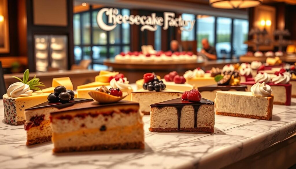 A meticulously rendered image of the Cheesecake Factory's cake menu display, showcasing an array of delectable cheesecake slices in various flavors, adorned with elegant garnishes and presented on a marble-topped display counter. The scene is bathed in warm, soft lighting, creating a cozy and inviting atmosphere. The cakes are captured at a slight angle, allowing the viewer to appreciate their rich textures and vibrant colors. The background subtly features the restaurant's signature decor, hinting at the high-quality experience that the Cheesecake Factory is known for. The overall composition conveys a sense of indulgence and culinary expertise, perfectly aligning with the section title "Cheesecake Factory cake prices and value". A meticulously rendered image of the Cheesecake Factory's cake menu display, showcasing an array of delectable cheesecake slices in various flavors, adorned with elegant garnishes and presented on a marble-topped display counter. The scene is bathed in warm, soft lighting, creating a cozy and inviting atmosphere. The cakes are captured at a slight angle, allowing the viewer to appreciate their rich textures and vibrant colors. The background subtly features the restaurant's signature decor, hinting at the high-quality experience that the Cheesecake Factory is known for. The overall composition conveys a sense of indulgence and culinary expertise, perfectly aligning with the section title "Cheesecake Factory cake prices and value".