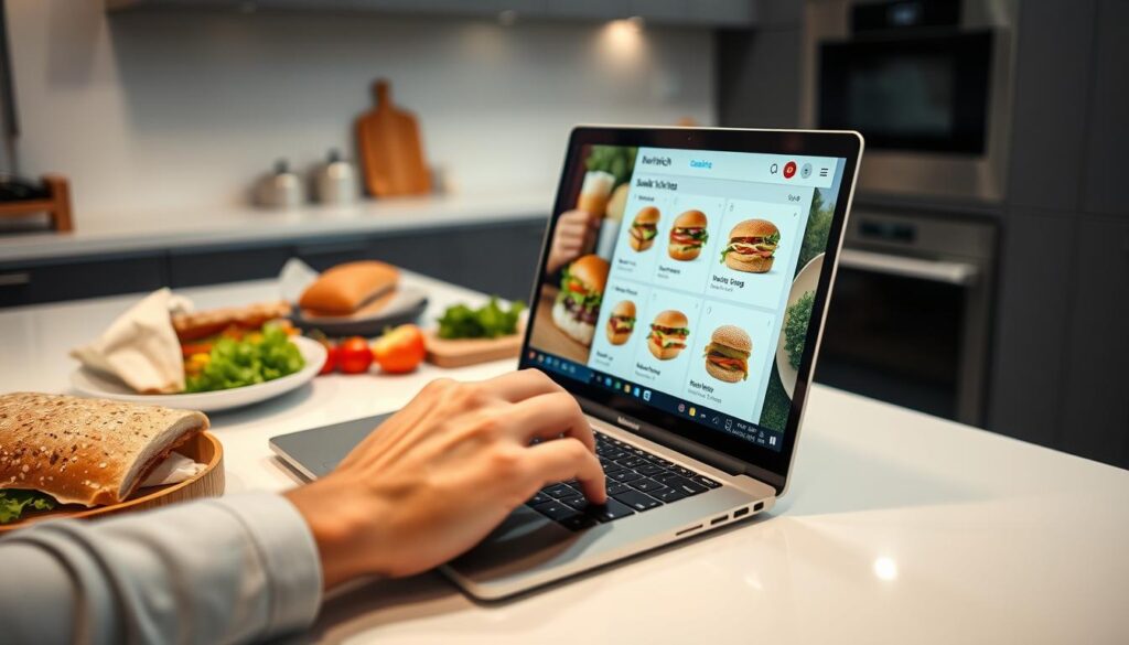 A modern, minimalist kitchen counter with a sleek laptop open, displaying an online sandwich ordering interface. In the foreground, a hand taps the screen, selecting various sandwich options. The mid-ground features neatly arranged ingredients like freshly baked bread, crisp vegetables, and delectable meats. The background showcases a clean, well-lit space, with subtle hints of warm lighting and a sense of efficiency. The overall scene conveys a seamless, streamlined experience of quickly ordering a delicious, customized sandwich online. A modern, minimalist kitchen counter with a sleek laptop open, displaying an online sandwich ordering interface. In the foreground, a hand taps the screen, selecting various sandwich options. The mid-ground features neatly arranged ingredients like freshly baked bread, crisp vegetables, and delectable meats. The background showcases a clean, well-lit space, with subtle hints of warm lighting and a sense of efficiency. The overall scene conveys a seamless, streamlined experience of quickly ordering a delicious, customized sandwich online.