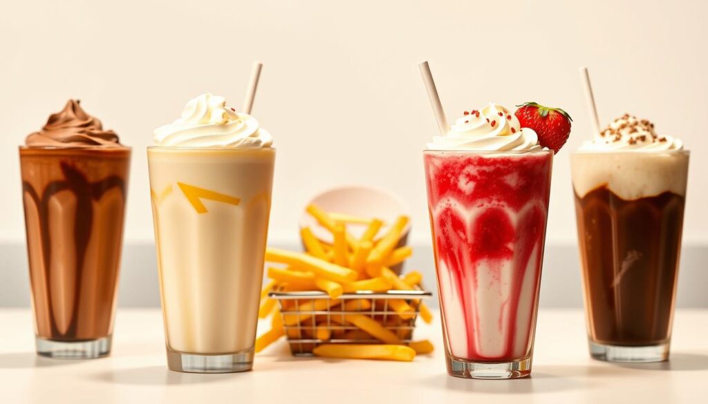 A mouthwatering In-N-Out dessert menu displayed on a crisp, minimalist table setting. In the foreground, various classic shakes - chocolate, vanilla, and strawberry - stand tall in metallic cups, their creamy textures glistening under warm, diffused lighting. In the middle ground, a basket of golden, perfectly crisp french fries is nestled, inviting the viewer to indulge. The background features a clean, white backdrop, allowing the vibrant dessert items to take center stage. The overall mood is one of simple, high-quality comfort, reflecting the classic, no-frills ethos of the In-N-Out brand.