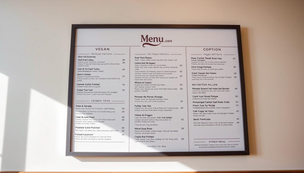 A neatly organized menu board, showcased against a clean, bright backdrop. The menu items are presented in a minimalist, easy-to-read layout, highlighting the vegan options available at the renowned Cheesecake Factory. The lighting is soft and natural, casting a warm glow over the menu, emphasizing the inviting atmosphere. The overall composition is crisp, professional, and visually appealing, capturing the essence of the Cheesecake Factory's commitment to providing diverse dining experiences for its customers.