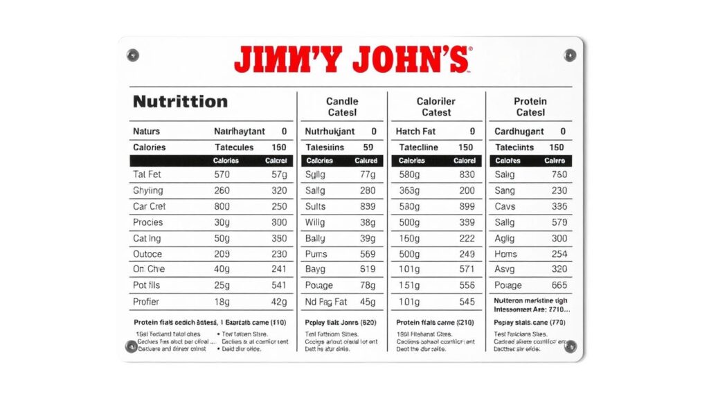 A neatly organized nutrition information panel showcasing the calorie, fat, carbohydrate, and protein content of a variety of Jimmy John's sandwich options. The panel is rendered in a clean, minimalist style with clear, easy-to-read typography against a neutral background, allowing the data to be the focal point. Subtle shadows and highlights enhance the visual depth and create a sense of dimension. The layout is intuitive and visually appealing, making the nutritional insights accessible and informative for health-conscious sandwich enthusiasts. A neatly organized nutrition information panel showcasing the calorie, fat, carbohydrate, and protein content of a variety of Jimmy John's sandwich options. The panel is rendered in a clean, minimalist style with clear, easy-to-read typography against a neutral background, allowing the data to be the focal point. Subtle shadows and highlights enhance the visual depth and create a sense of dimension. The layout is intuitive and visually appealing, making the nutritional insights accessible and informative for health-conscious sandwich enthusiasts.