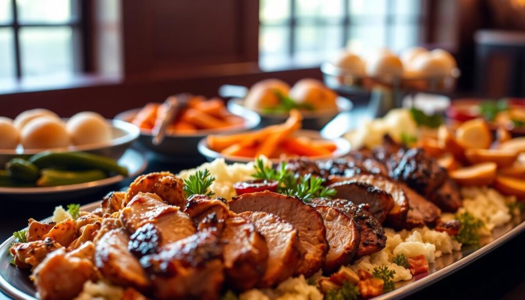 A tasteful display of Cheesecake Factory's catering menu selections, showcasing an array of sumptuous entrees and main course options. In the foreground, a beautifully arranged platter features a selection of signature dishes, including tender roasted chicken, savory beef brisket, and creamy mashed potatoes. The middle ground highlights complementary side dishes, such as vibrant roasted vegetables and fluffy dinner rolls. In the background, a softly lit setting evokes the warm and inviting ambiance of the Cheesecake Factory's signature dining experience. The lighting is natural and diffused, creating a mouthwatering presentation that captures the quality and variety of the catering menu.