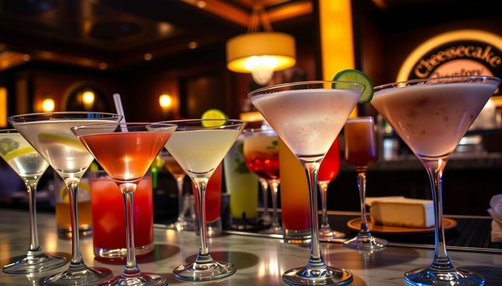 A vibrant scene at the Cheesecake Factory's happy hour, with a dimly lit bar showcasing an array of tempting cocktails and mocktails. In the foreground, freshly poured martinis glisten under warm lighting, their garnishes adding a touch of elegance. The middle ground features an assortment of colorful mixed drinks, each with its own unique twist, such as a fruity sangria or a refreshing mojito. In the background, the restaurant's signature cheesecake is subtly visible, hinting at the delectable treats to come. The overall atmosphere is one of relaxation and indulgence, inviting patrons to unwind and savor the best of the Cheesecake Factory's happy hour offerings. A vibrant scene at the Cheesecake Factory's happy hour, with a dimly lit bar showcasing an array of tempting cocktails and mocktails. In the foreground, freshly poured martinis glisten under warm lighting, their garnishes adding a touch of elegance. The middle ground features an assortment of colorful mixed drinks, each with its own unique twist, such as a fruity sangria or a refreshing mojito. In the background, the restaurant's signature cheesecake is subtly visible, hinting at the delectable treats to come. The overall atmosphere is one of relaxation and indulgence, inviting patrons to unwind and savor the best of the Cheesecake Factory's happy hour offerings.