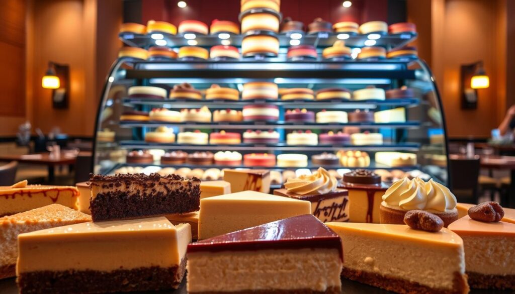 A visually enticing display of Cheesecake Factory's decadent dessert menu. In the foreground, an assortment of luscious cheesecake slices in various flavors, each with a distinct texture and creamy filling, illuminated by soft, warm lighting. In the middle ground, a towering glass display case showcases a variety of tempting cheesecake options, from classic New York-style to creative seasonal flavors. The background features the inviting ambiance of the Cheesecake Factory's signature dining setting, with warm, wooden tones and subtle, elegant accents. The overall scene exudes an aura of indulgence and sophistication, perfectly capturing the essence of the Cheesecake Factory's sweet menu.