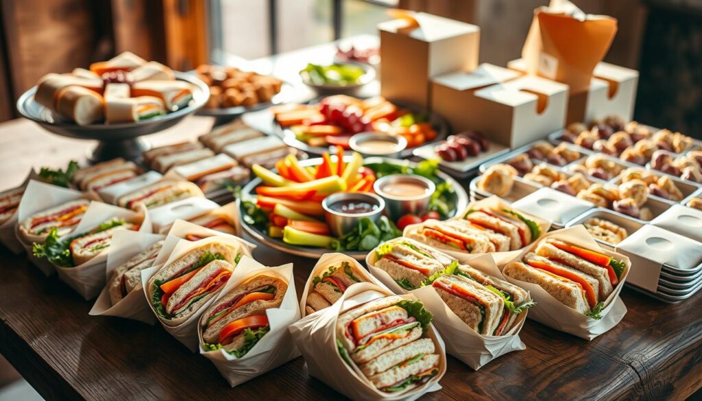 A well-curated assortment of artisanal sandwich platters, fresh veggie trays, and tempting dessert boxes arranged on a rustic wooden table. The scene is bathed in warm, natural lighting that accentuates the vibrant colors and textures of the catering spread. In the foreground, a variety of neatly packaged sandwich bundles in paper wrappings and plastic containers take center stage, showcasing the diverse menu options. In the middle ground, a selection of crunchy vegetable crudités nestled in a stylish platter, accompanied by dipping sauces in small ramekins. In the background, a few delectable dessert boxes, their contents hinting at the sweetness within, complete the enticing catering display. A well-curated assortment of artisanal sandwich platters, fresh veggie trays, and tempting dessert boxes arranged on a rustic wooden table. The scene is bathed in warm, natural lighting that accentuates the vibrant colors and textures of the catering spread. In the foreground, a variety of neatly packaged sandwich bundles in paper wrappings and plastic containers take center stage, showcasing the diverse menu options. In the middle ground, a selection of crunchy vegetable crudités nestled in a stylish platter, accompanied by dipping sauces in small ramekins. In the background, a few delectable dessert boxes, their contents hinting at the sweetness within, complete the enticing catering display.