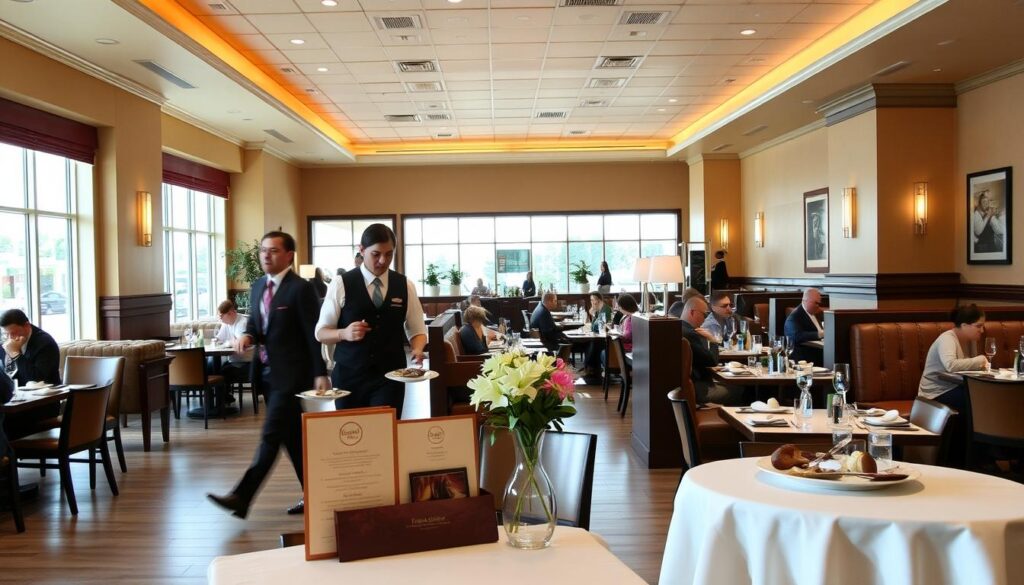 A well-lit Cheesecake Factory dine-in restaurant, with a warm, inviting atmosphere. In the foreground, a table is set with a crisp white tablecloth, a vase of fresh flowers, and a menu showcasing the lunch offerings. Servers in smart uniforms move gracefully through the spacious dining area, delivering plates of tempting dishes. The middle ground features comfortable booths and tables, where patrons savor their meals, engaged in friendly conversation. Large windows in the background allow natural light to pour in, creating a bright, airy ambiance. The overall scene conveys the relaxed, indulgent experience of enjoying a Cheesecake Factory lunch in the restaurant. A well-lit Cheesecake Factory dine-in restaurant, with a warm, inviting atmosphere. In the foreground, a table is set with a crisp white tablecloth, a vase of fresh flowers, and a menu showcasing the lunch offerings. Servers in smart uniforms move gracefully through the spacious dining area, delivering plates of tempting dishes. The middle ground features comfortable booths and tables, where patrons savor their meals, engaged in friendly conversation. Large windows in the background allow natural light to pour in, creating a bright, airy ambiance. The overall scene conveys the relaxed, indulgent experience of enjoying a Cheesecake Factory lunch in the restaurant.