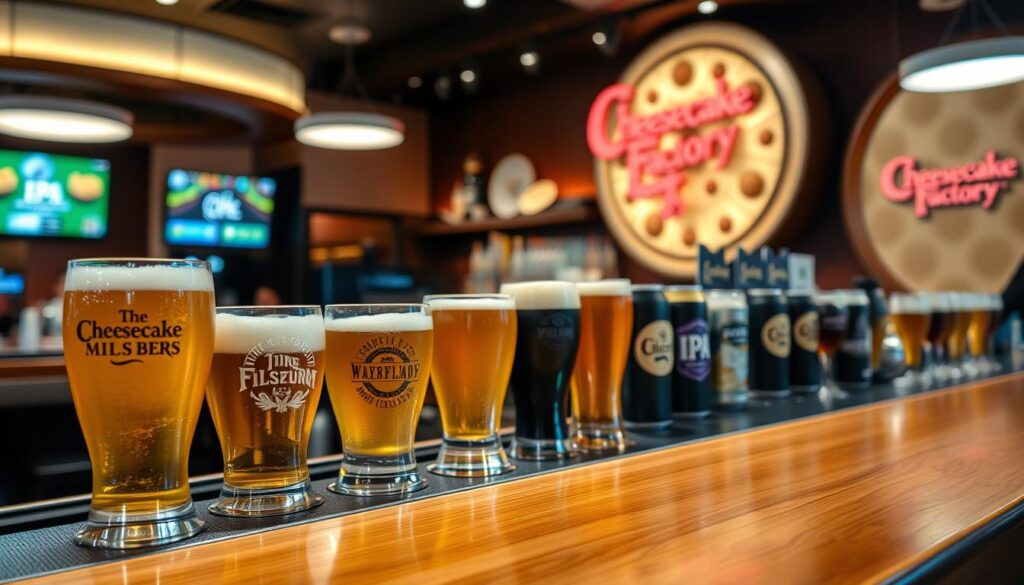 A well-lit, carefully curated selection of domestic, imported, and craft beers at the Cheesecake Factory bar. In the foreground, a row of frosty glasses showcasing a variety of beer styles, from classic pilsners to hoppy IPAs. The middle ground features a sleek, modern bartop with a polished wooden surface, creating a sophisticated ambiance. In the background, subtle lighting highlights the restaurant's signature cheesecake-inspired decor, setting the stage for an elevated dining and drinking experience. The overall scene conveys a sense of quality, variety, and attention to detail that aligns with the Cheesecake Factory brand.