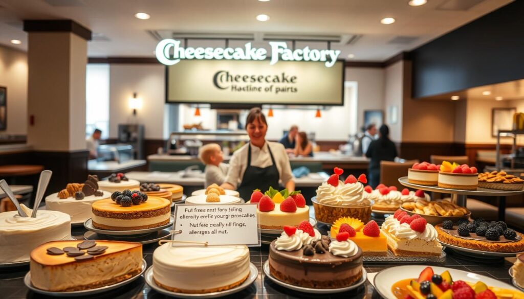 A well-lit interior of a Cheesecake Factory restaurant, showcasing an assortment of delectable nut-free desserts and dishes on display. In the foreground, a tempting array of creamy cheesecakes, smooth mousses, and vibrant fruit-based treats, all free of nuts. The middle ground features a server providing information about the restaurant's careful handling of allergens, emphasizing the commitment to safe dining experiences. In the background, a warm and inviting ambiance with soft lighting, cozy seating, and a glimpse of the kitchen, conveying the restaurant's dedication to culinary excellence and customer care. A well-lit interior of a Cheesecake Factory restaurant, showcasing an assortment of delectable nut-free desserts and dishes on display. In the foreground, a tempting array of creamy cheesecakes, smooth mousses, and vibrant fruit-based treats, all free of nuts. The middle ground features a server providing information about the restaurant's careful handling of allergens, emphasizing the commitment to safe dining experiences. In the background, a warm and inviting ambiance with soft lighting, cozy seating, and a glimpse of the kitchen, conveying the restaurant's dedication to culinary excellence and customer care.