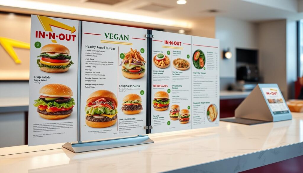 An elegantly designed vegan menu, prominently displayed on a sleek, modern In-N-Out counter. The menu features a variety of vibrant, plant-based options, including hearty veggie burgers, crisp salads, and flavorful sides. The layout is clean and organized, with high-quality food photography showcasing the fresh, sustainable ingredients. The lighting is soft and natural, highlighting the menu's visual appeal. The overall atmosphere conveys a sense of health-conscious indulgence, catering to the growing demand for ethical dining choices within the renowned In-N-Out brand. An elegantly designed vegan menu, prominently displayed on a sleek, modern In-N-Out counter. The menu features a variety of vibrant, plant-based options, including hearty veggie burgers, crisp salads, and flavorful sides. The layout is clean and organized, with high-quality food photography showcasing the fresh, sustainable ingredients. The lighting is soft and natural, highlighting the menu's visual appeal. The overall atmosphere conveys a sense of health-conscious indulgence, catering to the growing demand for ethical dining choices within the renowned In-N-Out brand.