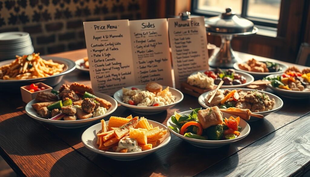 Detailed catering menu with mouthwatering dishes displayed on a rustic wooden table, lit by warm natural lighting and soft shadows. In the foreground, an assortment of appetizers, entrees, and sides elegantly arranged, showcasing the affordability and variety of the options. The middle ground features a hand-written price list with reasonable, accessible pricing. In the background, a subtle pattern or texture adds depth and character to the scene, creating an inviting and welcoming atmosphere for a catered event. Detailed catering menu with mouthwatering dishes displayed on a rustic wooden table, lit by warm natural lighting and soft shadows. In the foreground, an assortment of appetizers, entrees, and sides elegantly arranged, showcasing the affordability and variety of the options. The middle ground features a hand-written price list with reasonable, accessible pricing. In the background, a subtle pattern or texture adds depth and character to the scene, creating an inviting and welcoming atmosphere for a catered event.