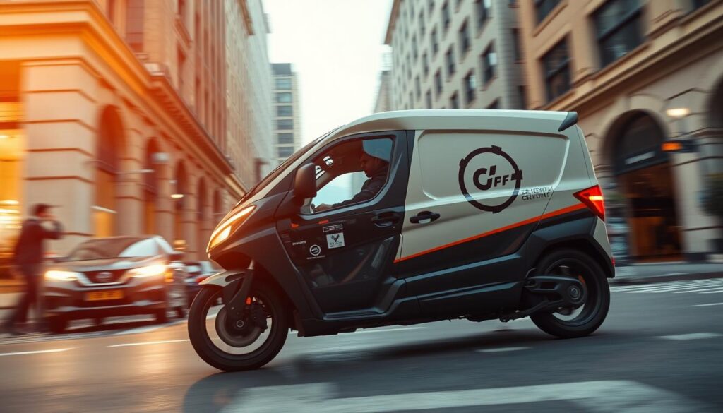 a high-speed delivery service vehicle racing down a city street, low angle shot with dramatic lighting highlighting the vehicle's sleek design and sense of urgency, blurred pedestrians and buildings in the background to convey a feeling of rapid movement, the vehicle's company logo prominently displayed on the side, an overall tone of efficiency and timeliness to reflect the delivery service's commitment to fast and reliable service